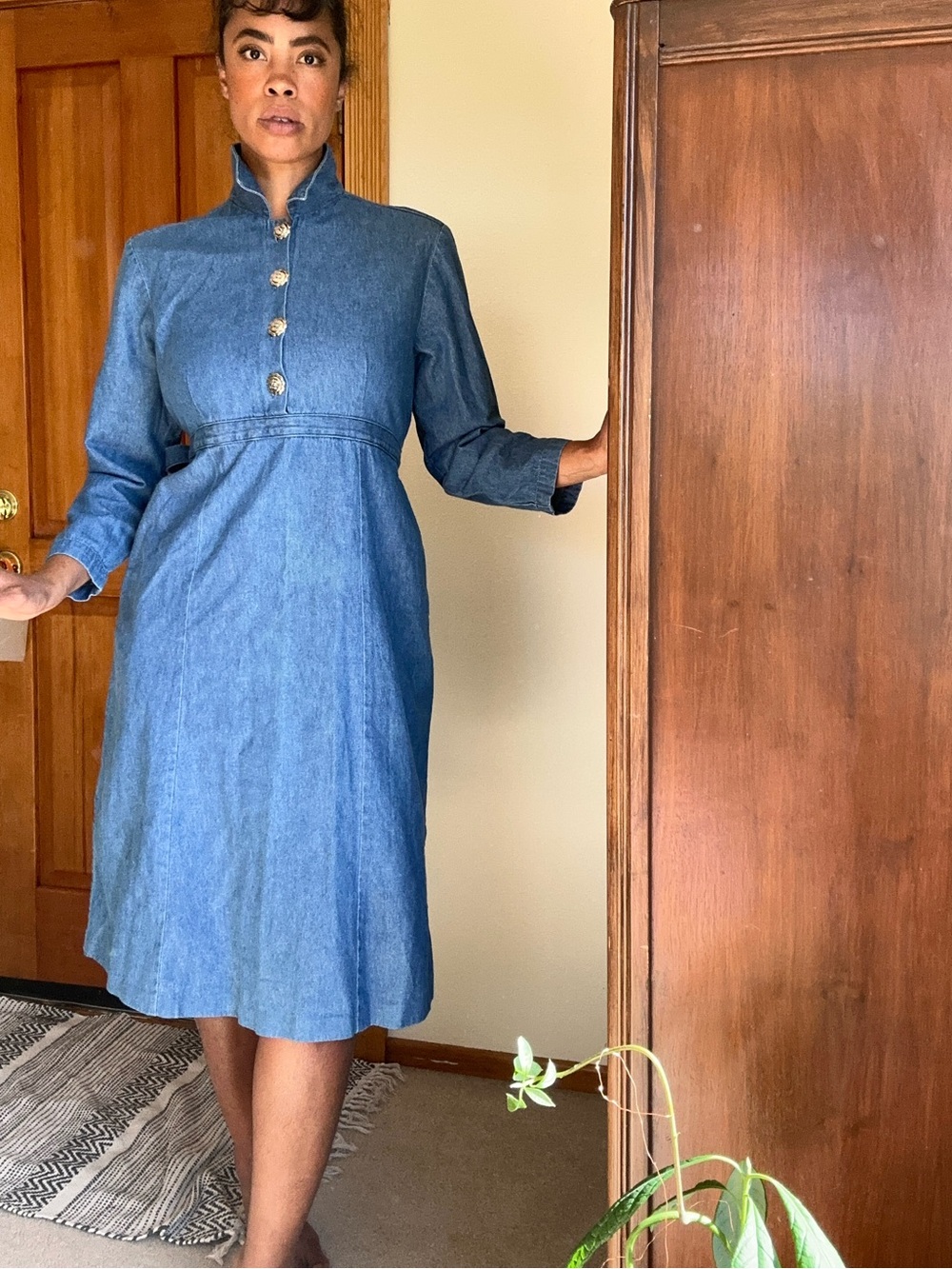 Classic Blue Denim Midi Dress with Button Front